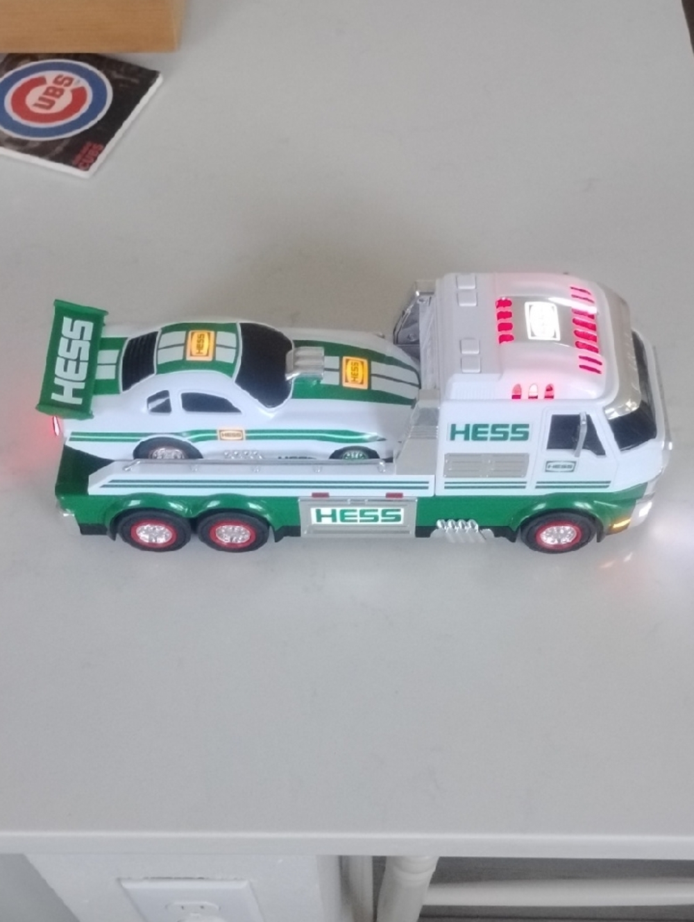 2016 Hess Green & White Toy Transport Truck with Race Car